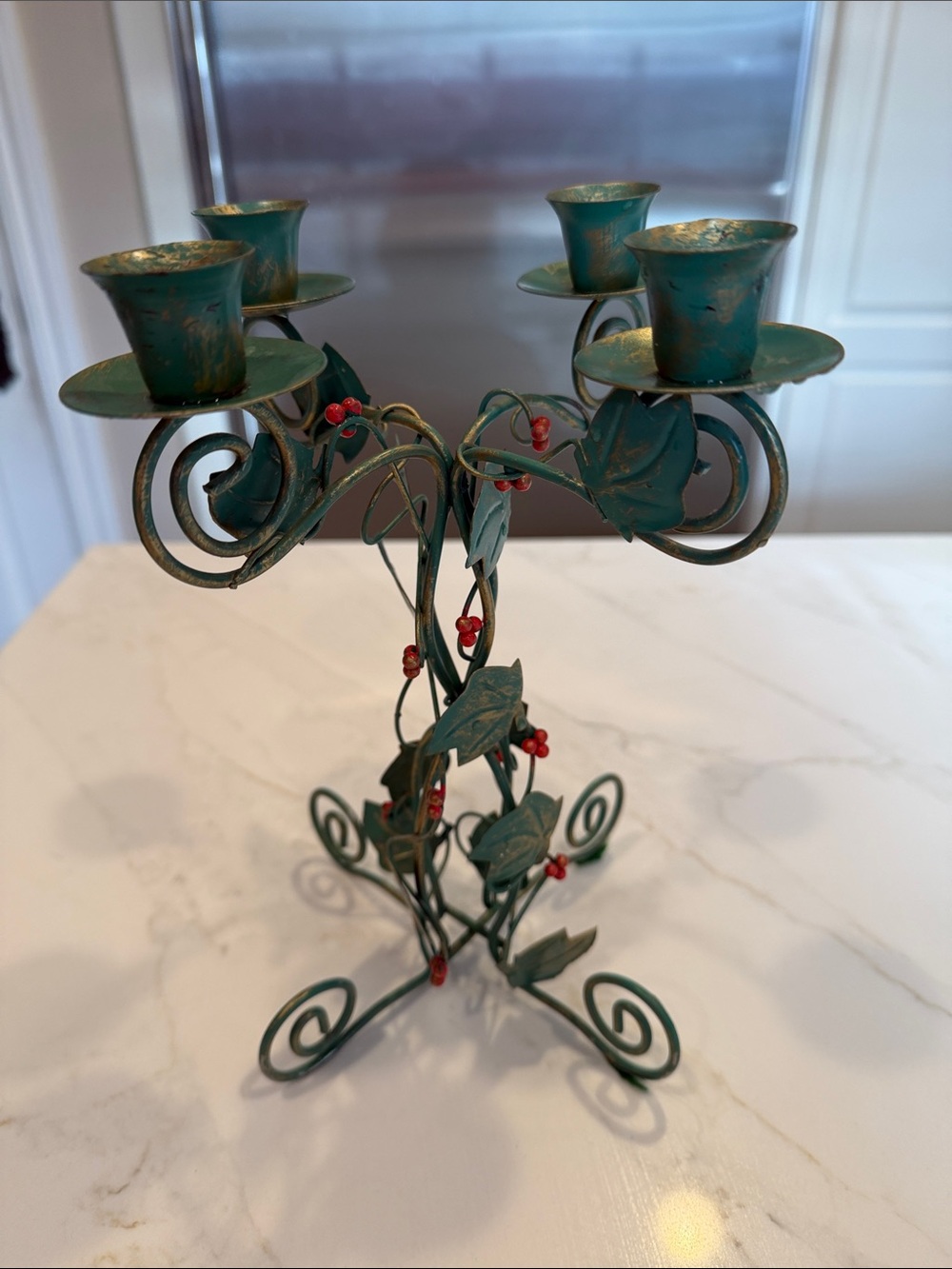 Holiday Green Metal Vine Candelabra with Red Berry Accents 10” Holiday